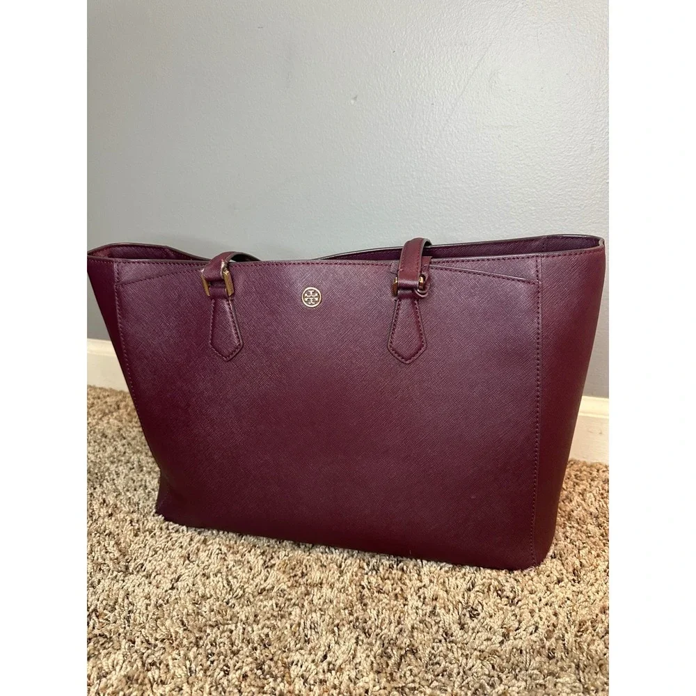 Tory Burch Robinson Large Tote Saffiano Leather Burgundy Plum Shoulder Bag